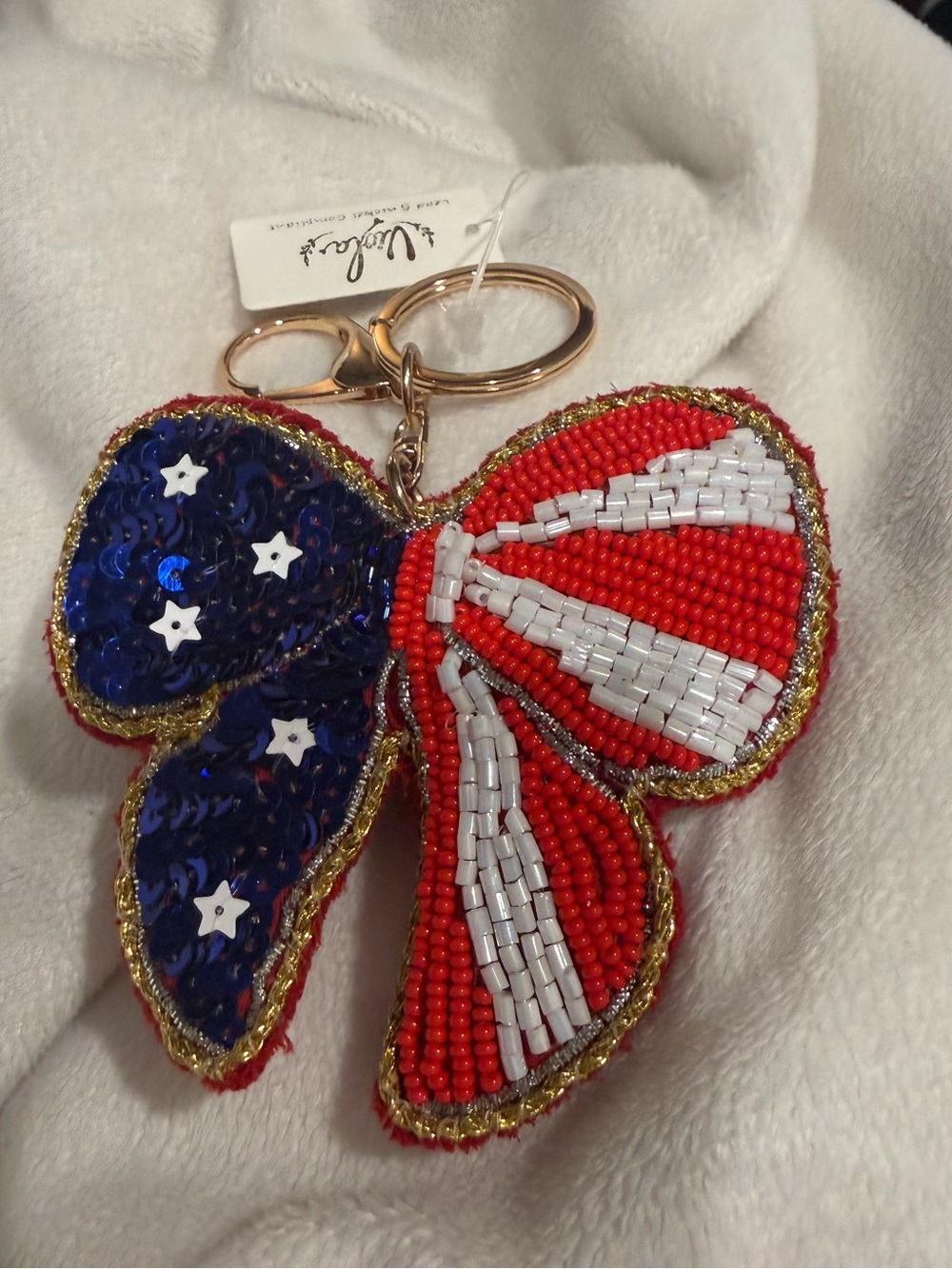 Beaded Patriotic Bow Keychain - Red White Blue